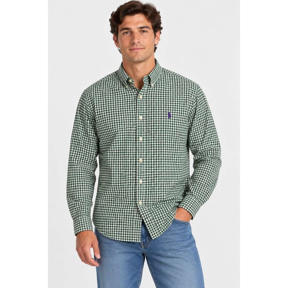 Polo Ralph Lauren Green White Gingham Button Down Shirt Men's L Purple Pony